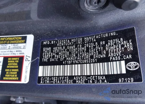 2014 Toyota Camry L/Se/Le/Xle from USA, damaged, VIN 4T1BF1FK7EU852251